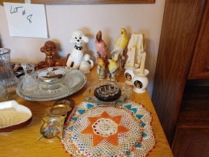 Vases, Serving Tray, bird and dog statues, candles, ashtrays, baskets, wooden bowls and a clock