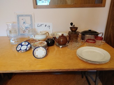 Teapot, serving plates and dish, sugar and cream containers, assortment of small plates and glass canisters