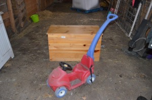 Kid's Push Toy and Wooden Toy Chest, door needs to be hinged