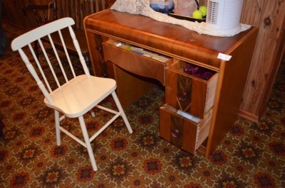 Antique Desk, 5 drawers, white wood chair